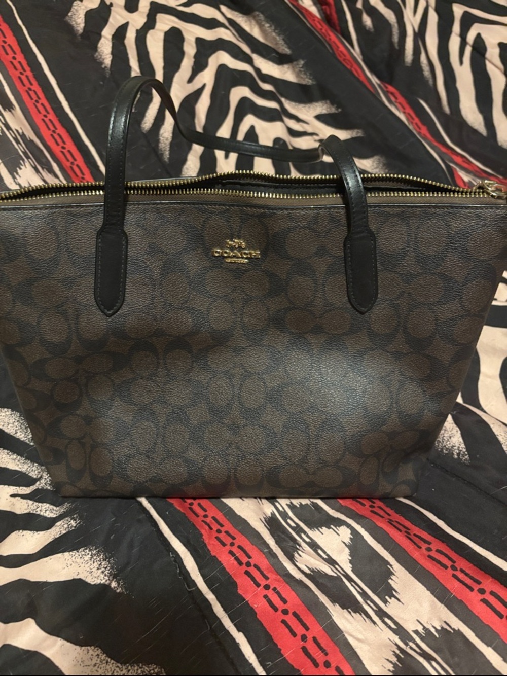 Coach Dark Brown Signature Tote with Black Handles